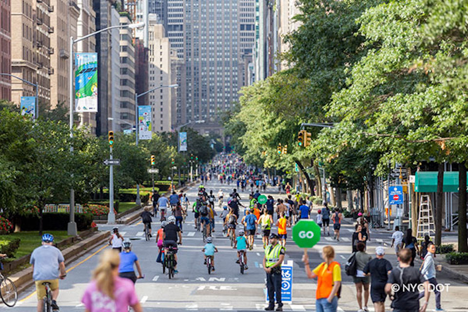 Image of Park Ave closed off for cyclists, runners, and skaters